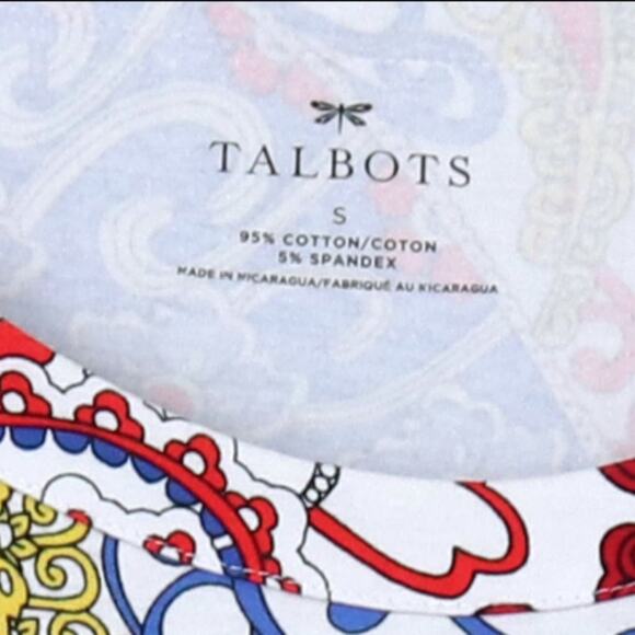 TALBOTS Red White Blue Paisley Roll Sleeve T Shirt - Picture 5 of 6